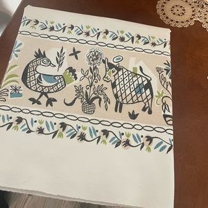 Whimsical Retro Vintage 42-1/2” x 48-1/2” Cotton Tablecloth Peacocks/Bulls